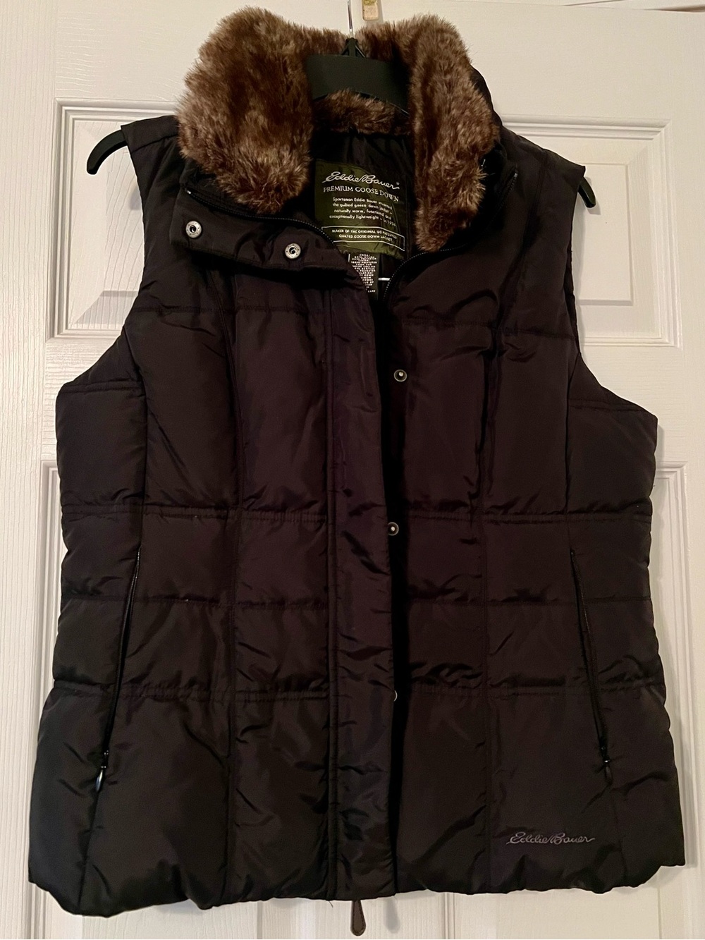 Eddie Bauer Black Quilted Puffer Vest with Brown Faux-Fur Collar